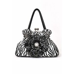 Zebra Print Kiss Lock Handbag Black White Flower Purse Satchel Glam Statement...